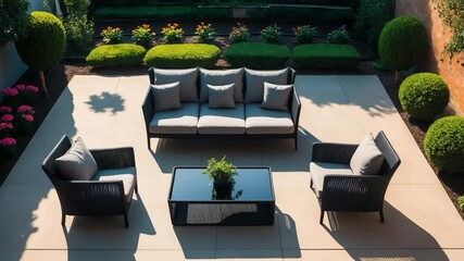 A set of three black and beige sofas alongside a table in the courtyard and garden on the garden floor, inviting sofa, overhead shot - Powered by Adobe