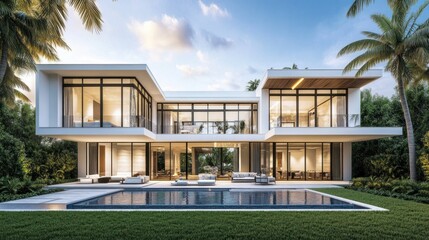 Fototapeta premium Modern villa with pool, tropical setting, evening view