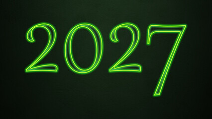 Neon glowing green number design of 2027 on dark background.