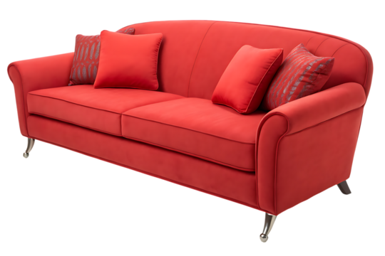 Elegant red sofa with pillows on transparent background