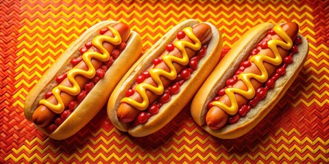 A Trio of Savory Hot Dogs Topped with Zesty Mustard and Tangy Ketchup, Resting on a Vibrant Zigzag Patterned Surface