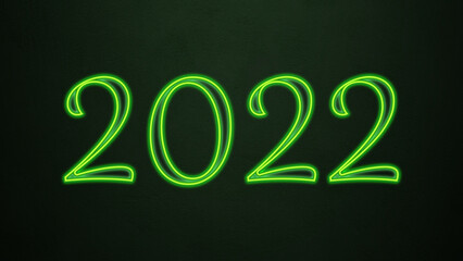 Neon glowing green number design of 2022 on dark background.