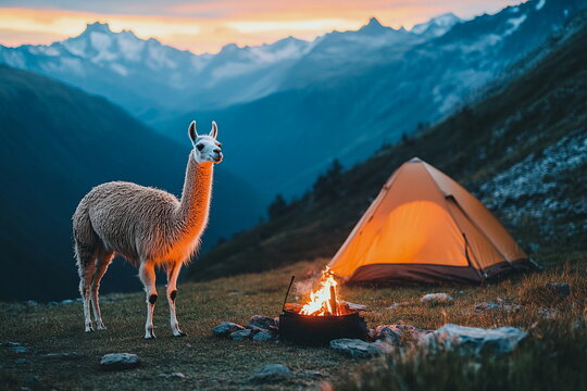 This night scene features a llama near a glowing tent and campfire in the mountains—ideal for adventure, wilderness, or camping stories.
- Powered by Adobe