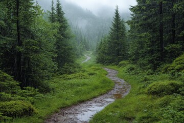 Obraz premium Lush green forest with towering trees, dirt path, rainy weather, mist, puddles, mossy tree trunks, and overcast sky, creating a serene and atmospheric woodland scene.