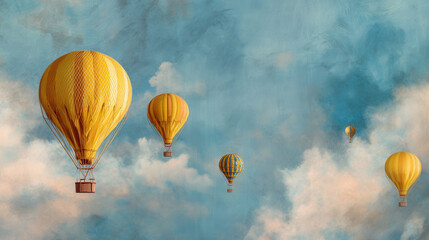Obraz premium Several yellow hot air balloons gracefully float through a bright blue sky adorned with fluffy clouds, creating a whimsical atmosphere