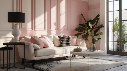 Beautiful Apartment, Sofa, Chair, Dining Table wall Mockup Interior design of modern living room