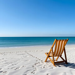 AI-generated image of a single wooden beach chair on the sand, facing a calm ocean under soft sunlight. A peaceful coastal scene evoking relaxation and solitude.