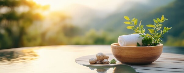 A tranquil and serene outdoor spa setting featuring a herbal foot soak in a pottery bowl surrounded by lush greenery natural stones and a peaceful atmosphere for relaxation and wellness