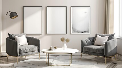 Beautiful Apartment, Sofa, Chair, Dining Table wall Mockup Interior design of modern living room