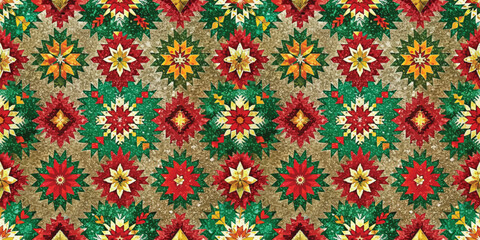 Colorful quilt pattern featuring red, green, and gold flowers in a festive design.