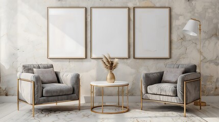 Obraz premium Beautiful Apartment, Sofa, Chair, Dining Table wall Mockup Interior design of modern living room