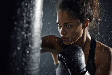 A focused woman in boxing gloves strikes a heavy bag, showcasing her strength and determination while training indoors with a rainy backdrop