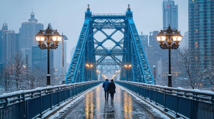 Obraz premium Snowy Bridge Stroll in Cityscape