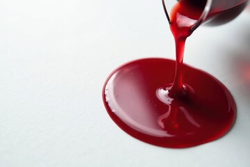 Close-up of a red wine spill on white surface, white background, drip