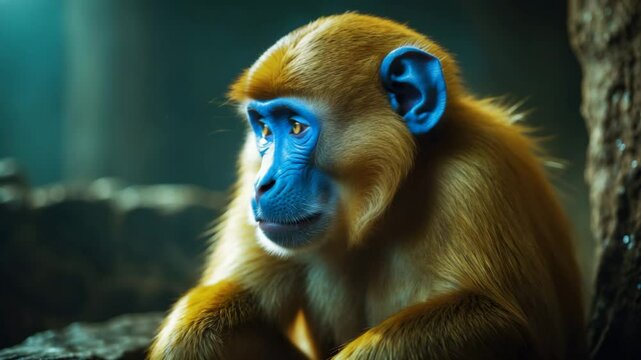 In the darkness, a mandrill monkey with a blue face and golden hair sits quietly, her modest demeanor resembling that of a saint.