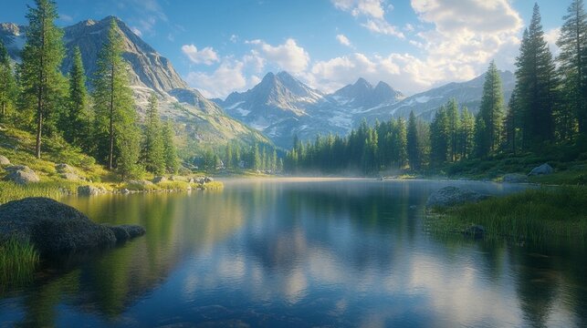 Serene mountain lake reflecting a vibrant sky, surrounded by lush forest and snow-capped peaks.
