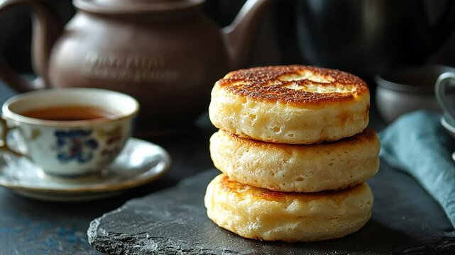 Three golden-brown, fluffy crumpets stacked on slate, beside tea