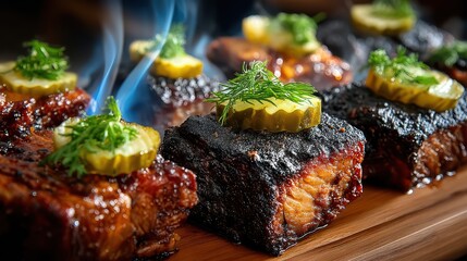 Traditional American Smoked BBQ Platter with Charred Meats and Fresh Garnish.appetizing and savory.