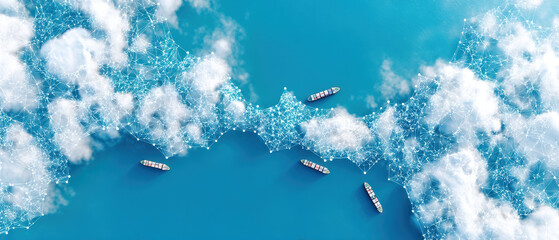 Aerial view of ships connected by network of lines, symbolizing global trade and communication over vibrant blue ocean
