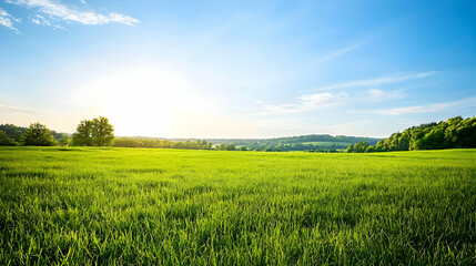 Fototapeta premium Panoramic View Of Lush Green Field Under Sunny Sky