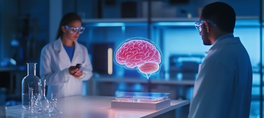 Doctors and Scientists Working Together in a Modern Medical Lab Focused on Studying a Detailed Human Brain Model Using Advanced Technology