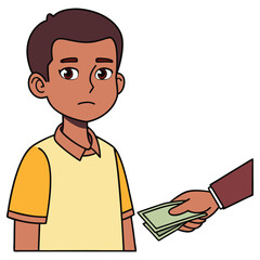 Cartoon Man Receiving Money from Hand with Green Bills on White Background