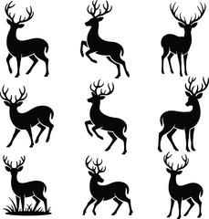 Obraz premium Deer Silhouettes, Elegant Stag and Wildlife Vector Icons in different poses