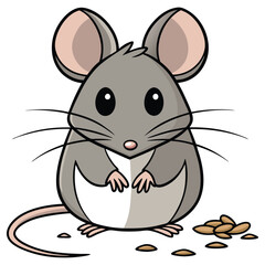 Cartoon Gray Mouse with Big Ears, Seeds, Pointed Nose on a Transparent Background