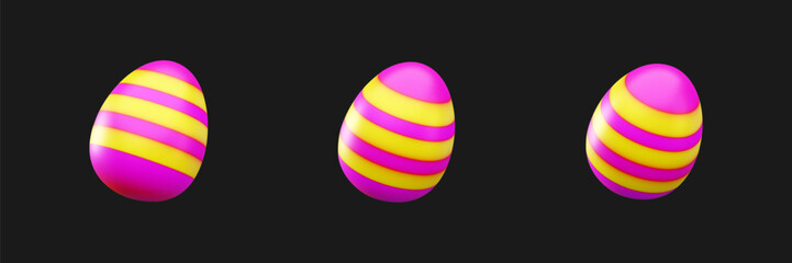 Minimalistic vector 3D illustration of Easter egg in pink and yellow stripes in different angles. 3D chicken egg icon.
