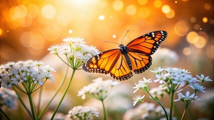 Fototapeta premium Golden hour illumination captures a vibrant monarch butterfly delicately poised near clusters of pristine white wildflowers, a breathtaking scene of natural beauty and tranquility.
