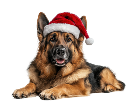 German shepherd dog in santa hat celebrating christmas festive mood isolated on transparent background png
