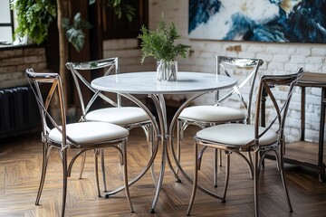 Elegant Cross-Back Chairs and Round Dining Table Set in Stylish Home Interior with Artwork Decoration