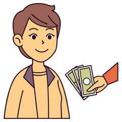 Cartoon Young Adult Receiving Money, Flat Design, White Background