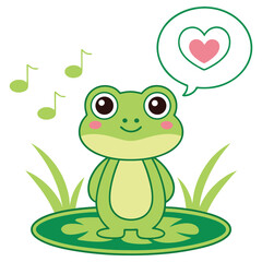 Happy Cartoon Frog on Lily Pad with Heart Thought Bubble on White Background