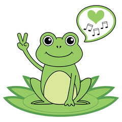 Cheerful Green Frog Sitting on Lily Pad with Music Note Thought Bubble Cartoon Art