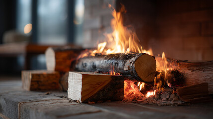 A close up shot of burning logs in a fireplace with visible flames and brickwork in the background