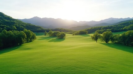 Obraz premium Lush green field stretches out amidst a mountain range, bathed in sunlight