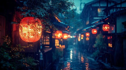 Rain-drenched Japanese alley at night
