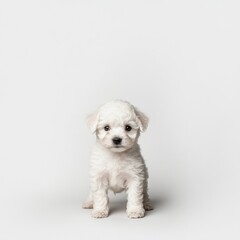 Obraz premium White puppy sitting in studio with plain background for pet adoption or promotion
