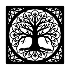 Ornate Black and White Tree of Life Design in a Square Frame