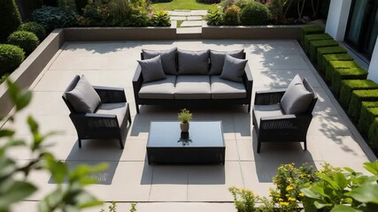 Three black and beige sofas accompanied by a table in the garden and courtyard on the garden floor, relaxing sofa, viewed from above - Powered by Adobe