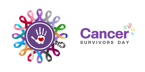 National Cancer Survivors Day.  Ribbon, hand and heart. Great for posters, banners, social media and more. White background.