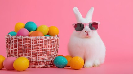 Happy Easter concept, a cute white bunny with sunglasses near a basket full of colorful eggs on a pink background