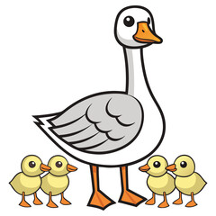 Cartoon Goose with Goslings on Transparent Background