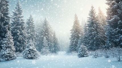 Snowy winter forest path. Sunlight filters through snow-laden evergreen trees.