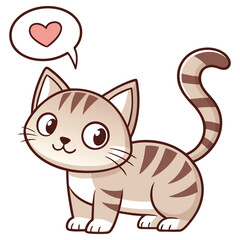 Adorable Striped Cat Cartoon with Heart Speech Bubble on Transparent Background