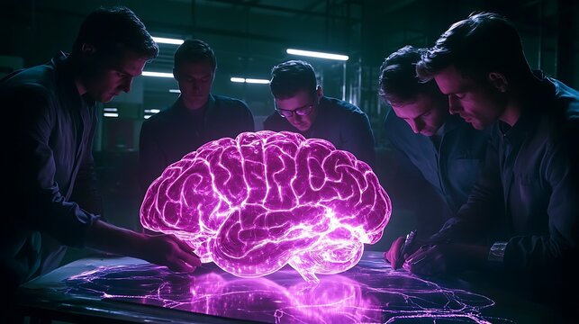 Team of Scientists Working Together in a Modern Laboratory While Studying a Detailed Human Brain Model with Advanced Equipment and Digital Screens Around - Powered by Adobe