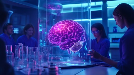 Team of Scientists Working Together in a Modern Laboratory While Studying a Detailed Human Brain Model with Advanced Equipment and Digital Screens Around