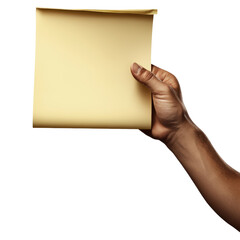 Obraz premium Close-up view of a hand holding a sheet of paper against a neutral background, ideal for business or personal use isolated on transparent background..