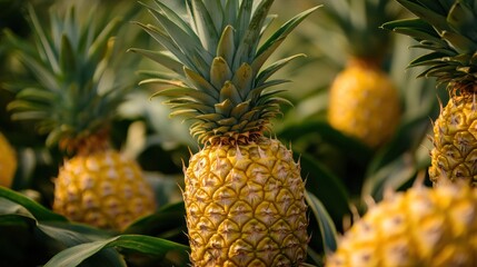 A pineapple farm with spiky green leaves and golden fruits, --ar 16:9 --v 6.1 Job ID: 107e86e8-2caa-407e-a35f-139fd80bcfeb